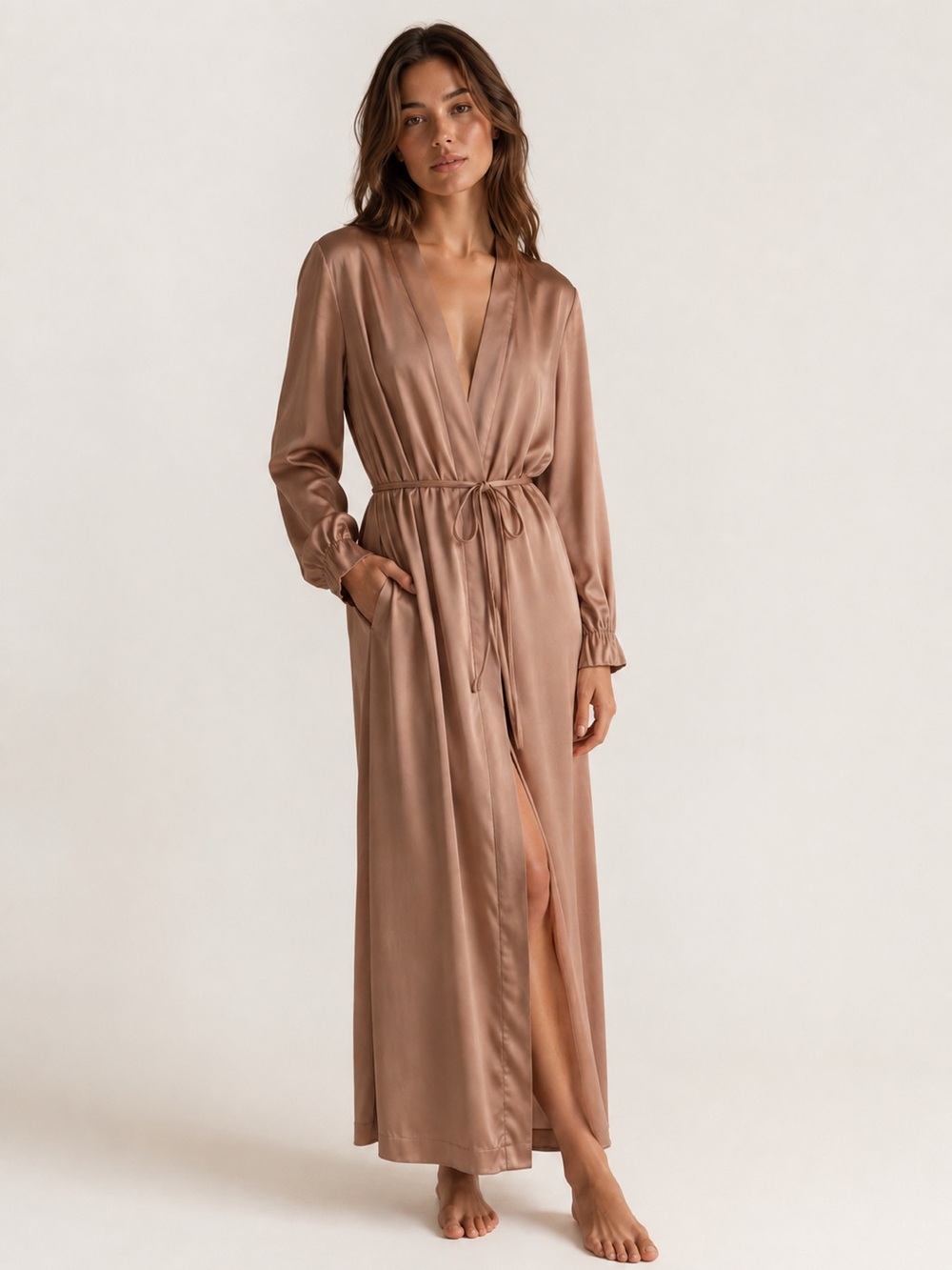 Lunya Washable Silk Long Robe Otium Tan XS/S NWOT - Picture 2 of 13